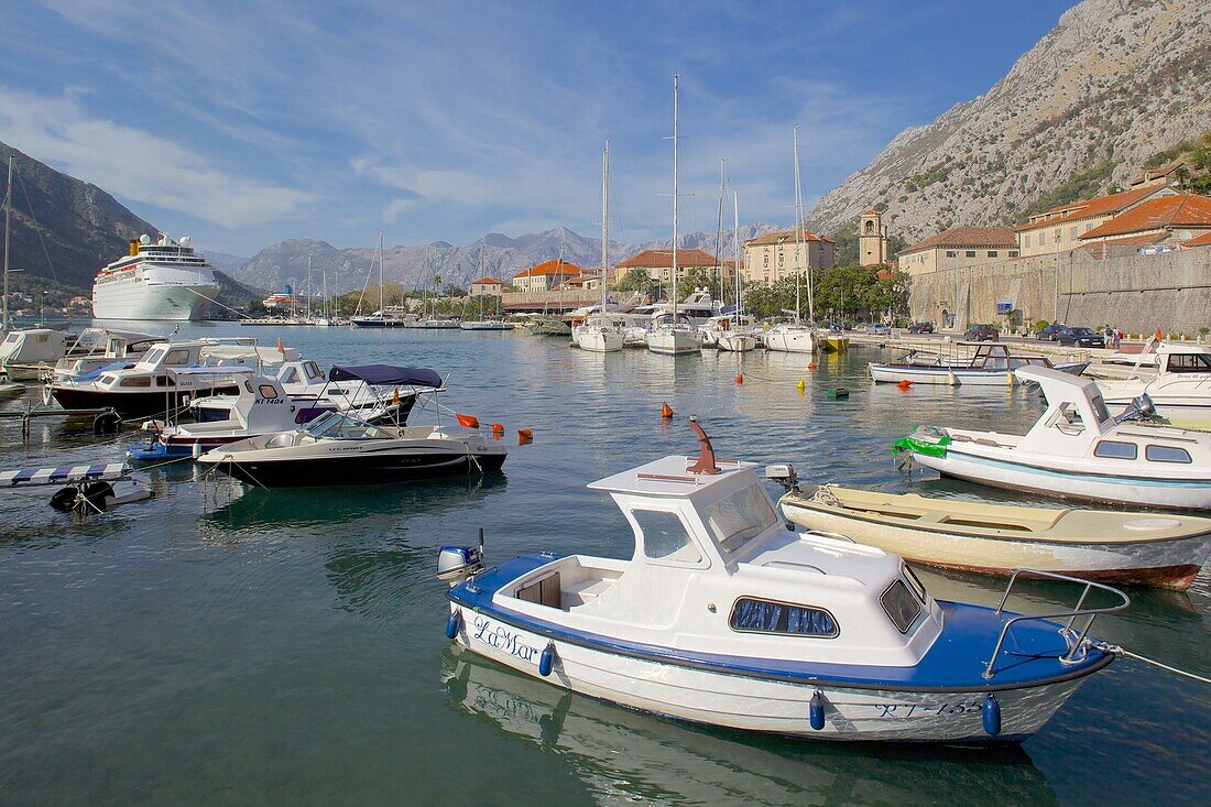 Harbour and cruise ship, Old Town, Kotor, Montenegro, Europe