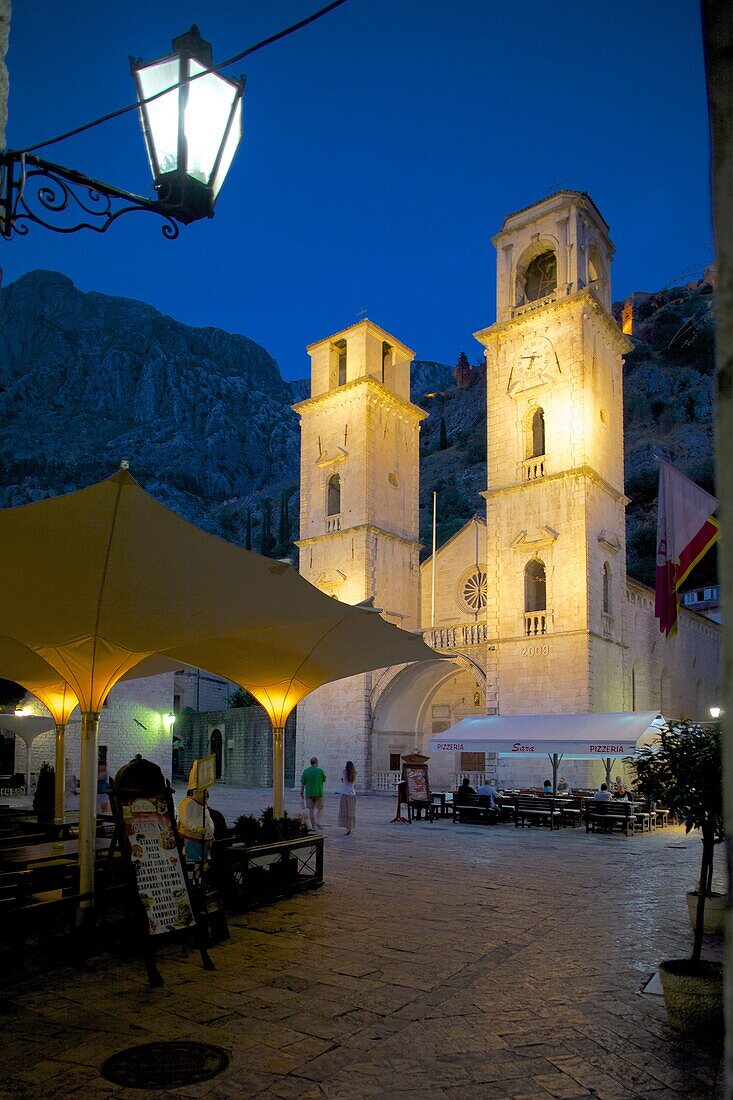 St. Tryphon Cathedral at night, Old Town, UNESCO World Heritage Site, Kotor, Montenegro, Europe