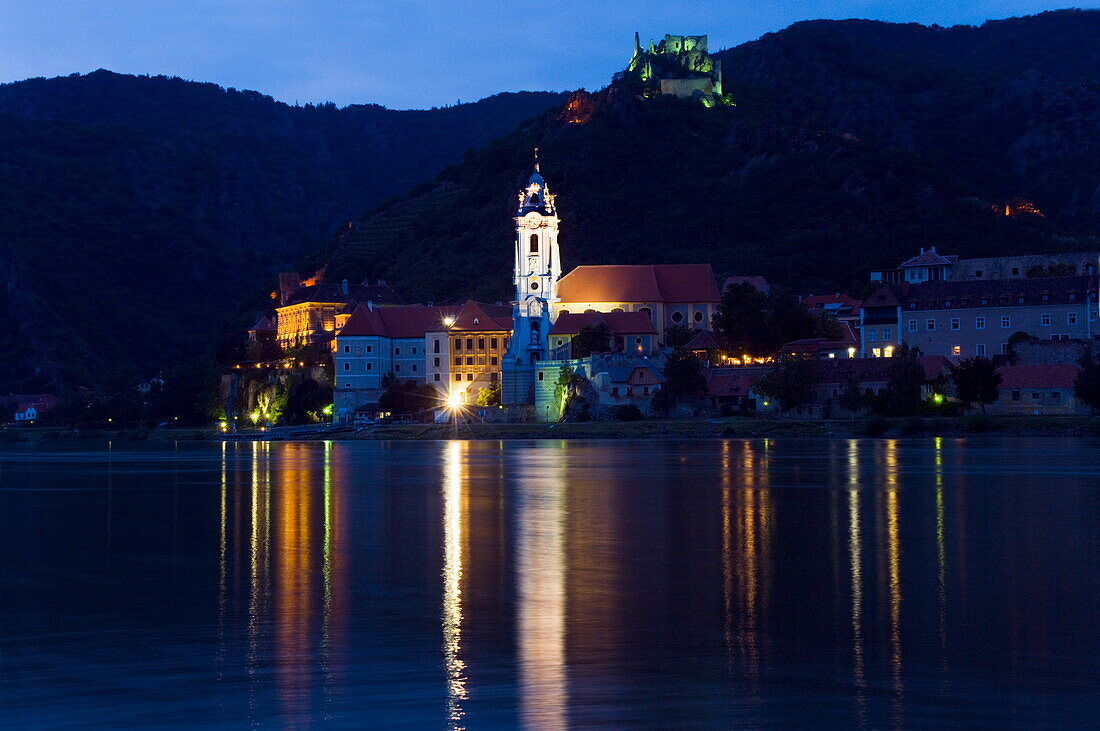 Durnstein, Stiftskirche, Burgruine and River Danube at dusk, Wachau, Austria
