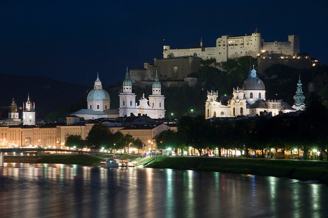 Cityscape with River Salzach at night, Saltzburg, Austria