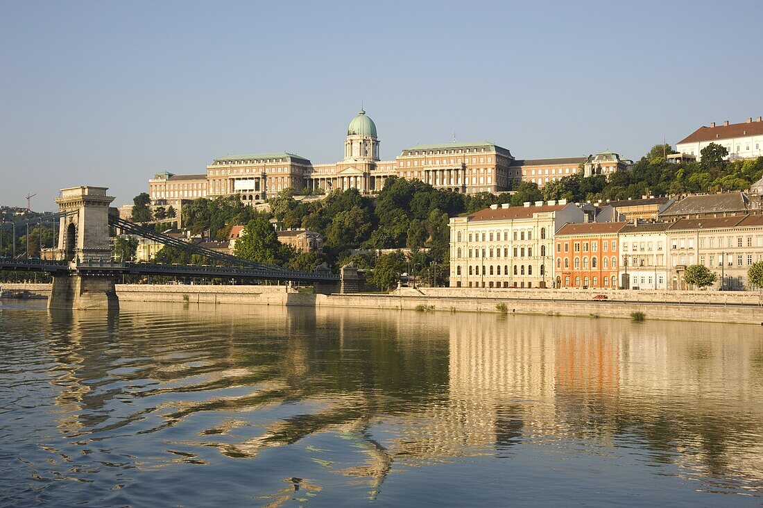 An early morning view of Budapest including the Chain Bridge, Castle Hill and the Danube River, Budapest, Hungary, Europe