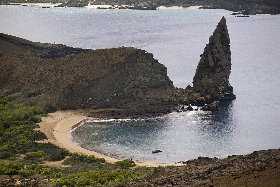 Pinnacle and beach, Bartolome Island, Galapagos, UNESCO World Heritage Site, Ecuador, South America