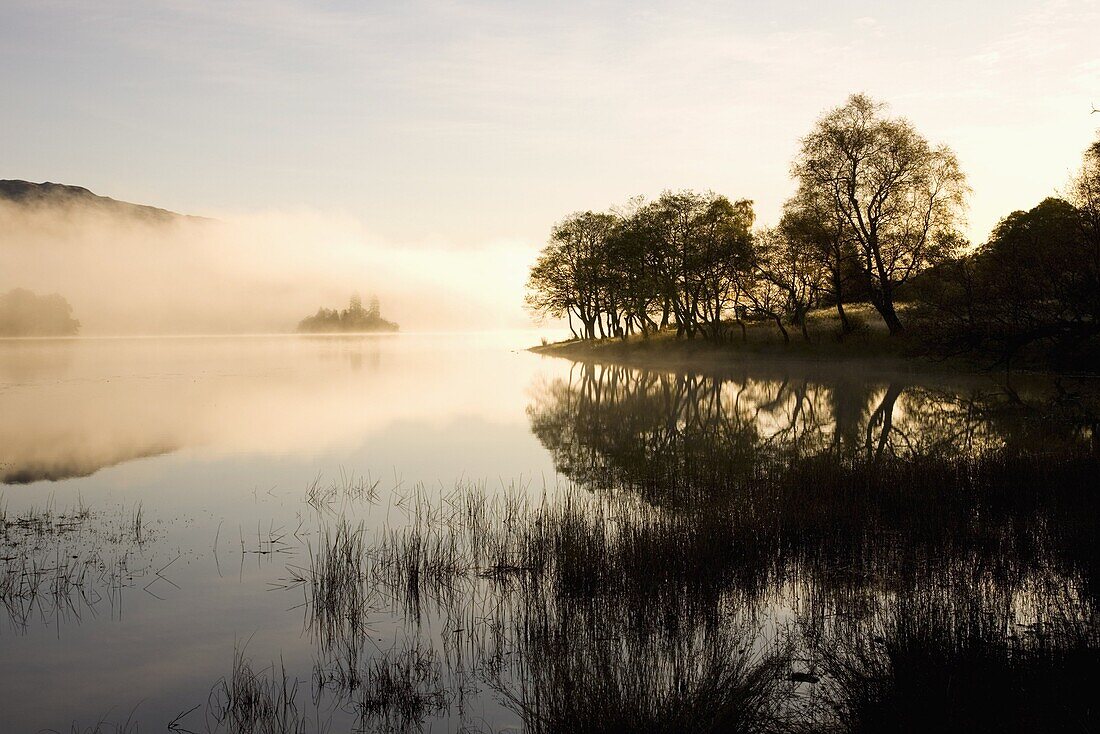 Early morning mist reflected in the still waters of Loch Achray, near Aberfoyle, Loch Lomond and the Trossachs National Park, Stirling, Scotland, United Kingdom, Europe