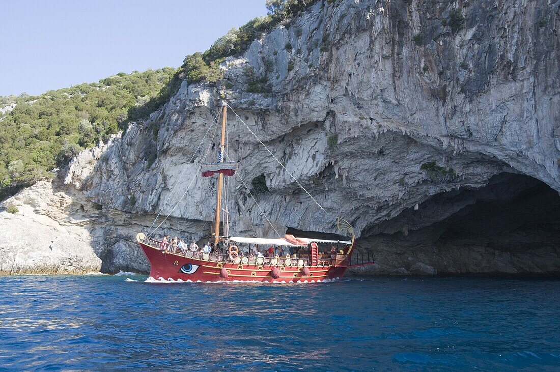 Tourist boat at Papanikolis Cave, Meganisi, Ionian Islands, Greek Islands, Greece, Europe