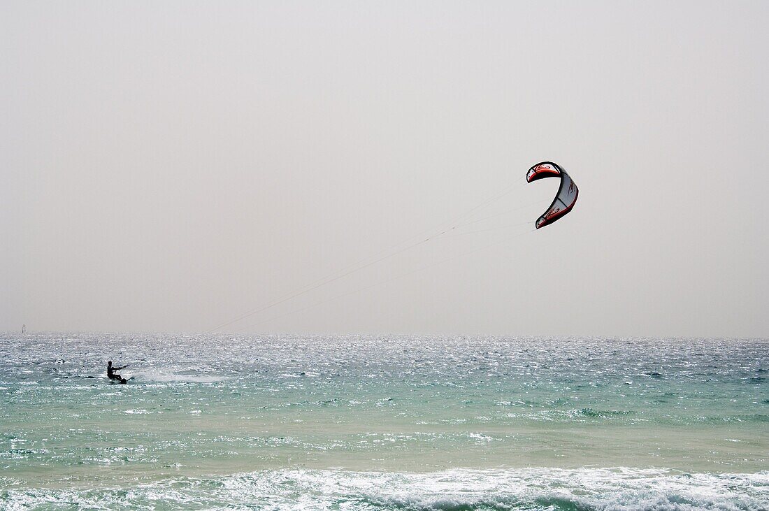 Kite surfing at Santa Maria on the island of Sal (Salt), Cape Verde Islands, Atlantic Ocean, Africa