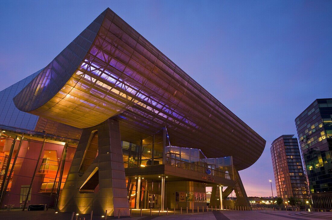 The Lowry Centre illuminated in the early evening, Salford Quays, Greater Manchester, England, United Kingdom, Europe