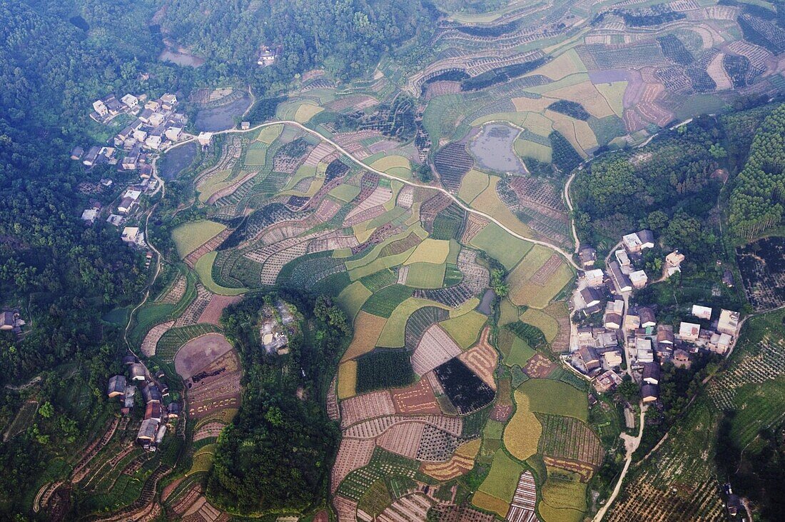Aerial view from a hot air balloon of rice fields and villages in Yangshuo, near Guilin, Guangxi Province, China, Asia