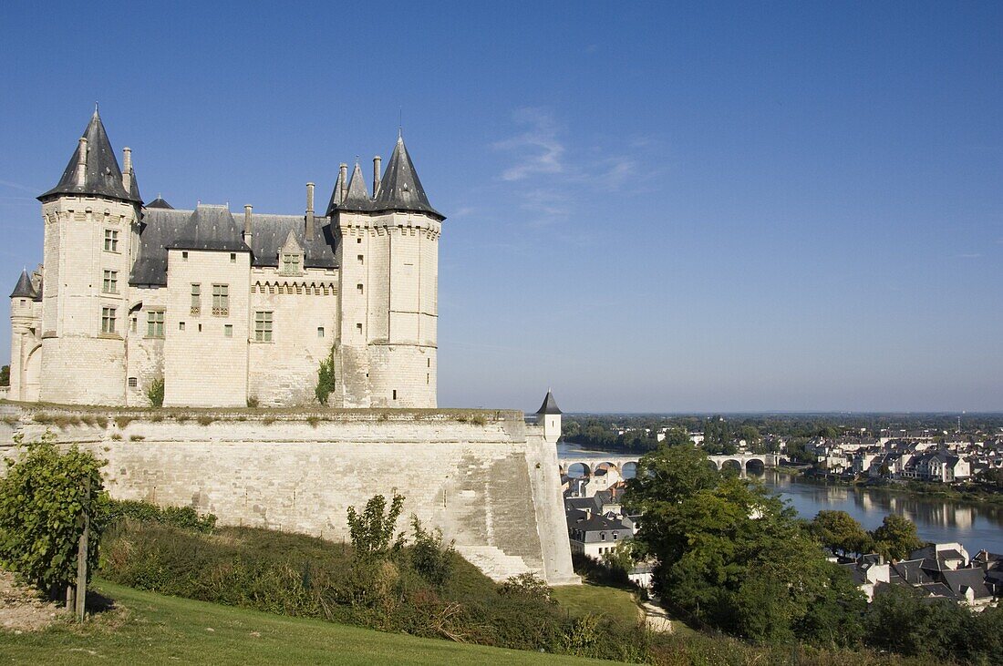 The Chateau de Saumur overlooking the River Loire and city, Maine-et-Loire, Pays de la Loire, France, Europe