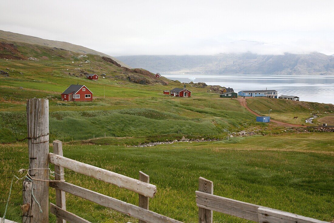 View over Erik the Red's first settlement Brattahlid, known today as Qassiarsuk, South Greenland, Polar Regions
