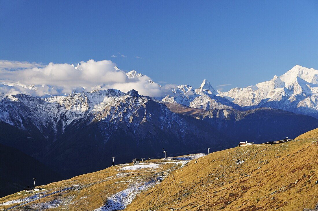 View from Fiescheralp of Matterhorn and Mischabel in background, Switzerland, Europe