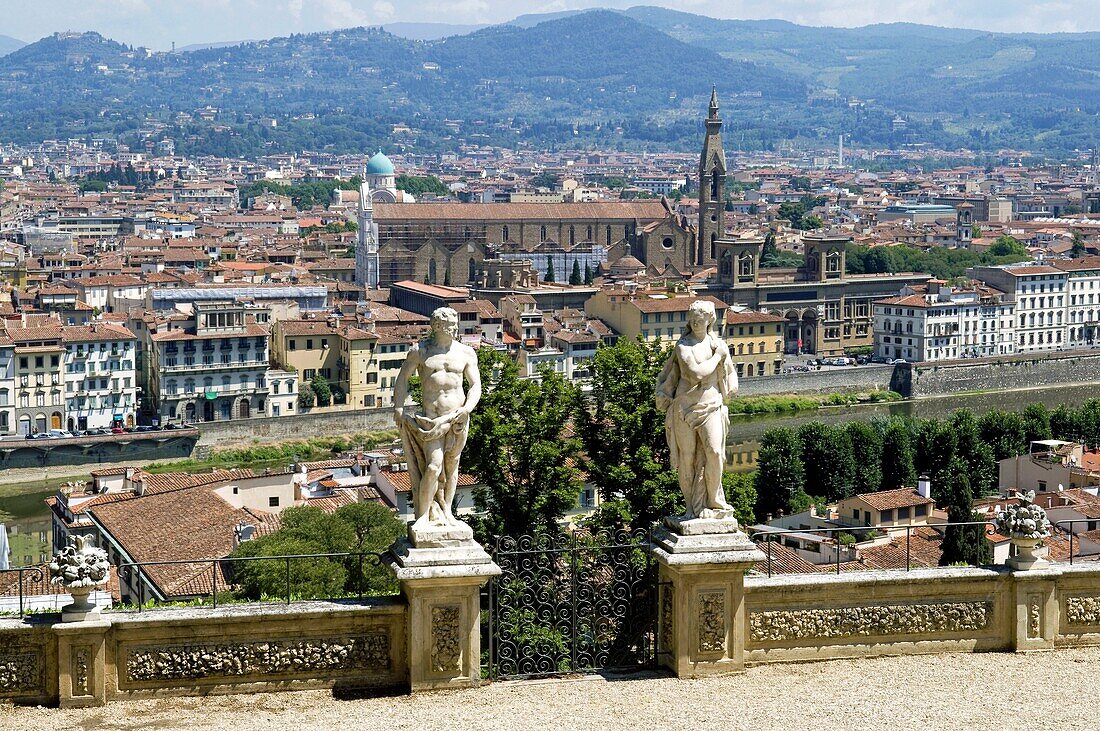 Panoramic view over River Arno and Florence from the Bardini Gardens, Bardini Garden, Florence (Firenze), Tuscany, Italy, Europe