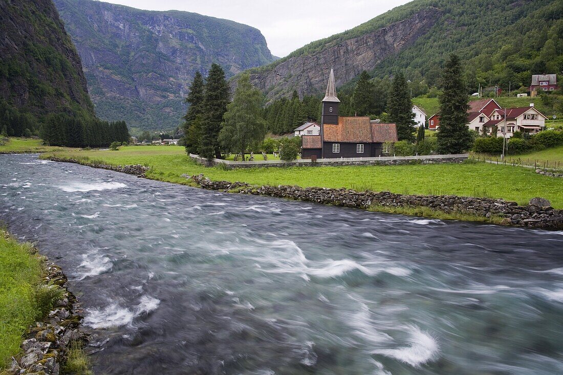 Flam church dating from 1670, and Flamsdalen Valley River, Flam, Sognefjorden, Western Fjords, Norway, Scandinavia, Europe