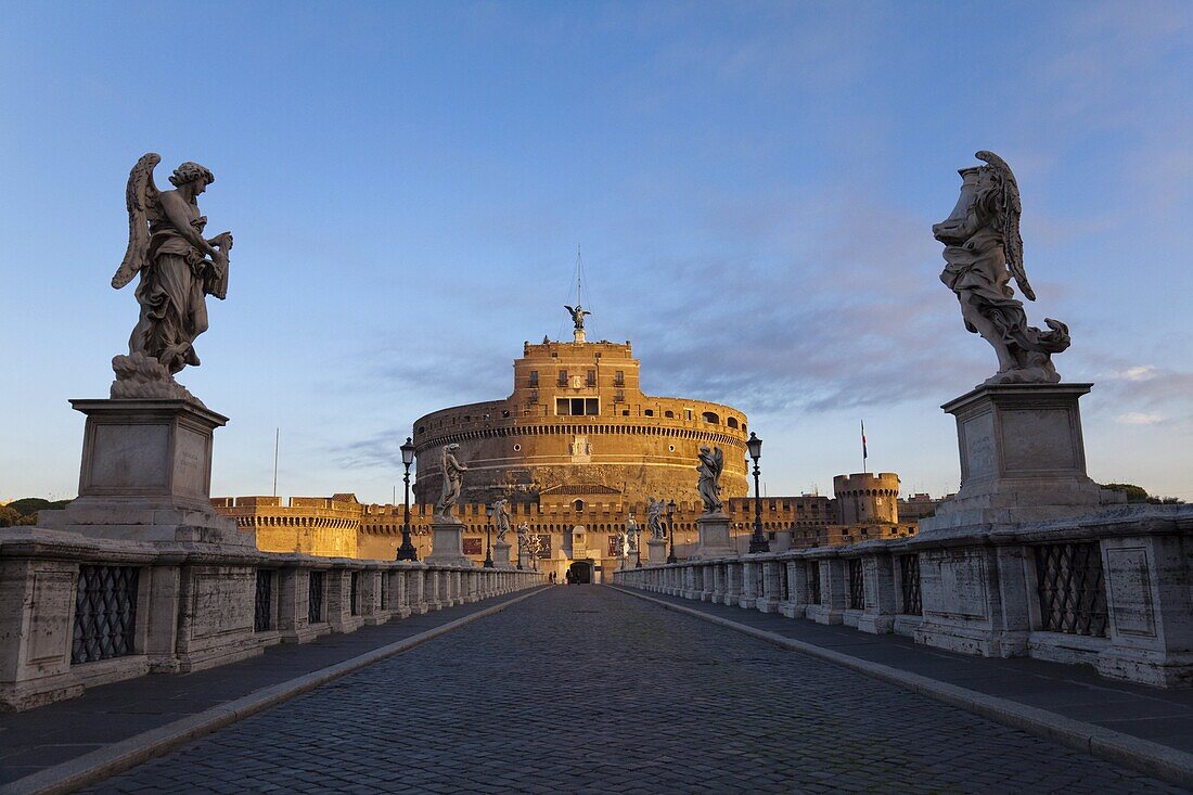 Castel Sant' Angelo and Ponte Sant' Angelo (Bridge of Angels) at dawn, Rome, Lazio, Italy, Europe