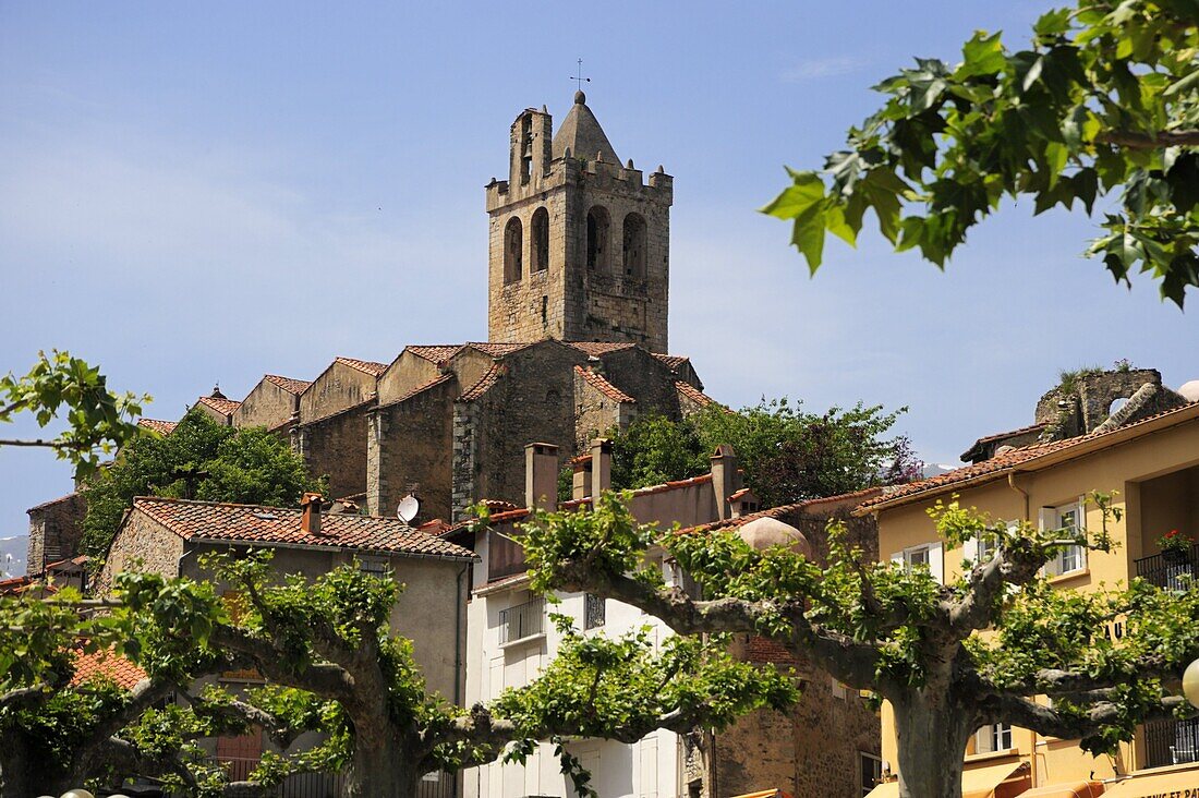 Church viewed from the market square, Prats-de-Mollo-de-Preste, Languedoc-Roussillon, France, Europe