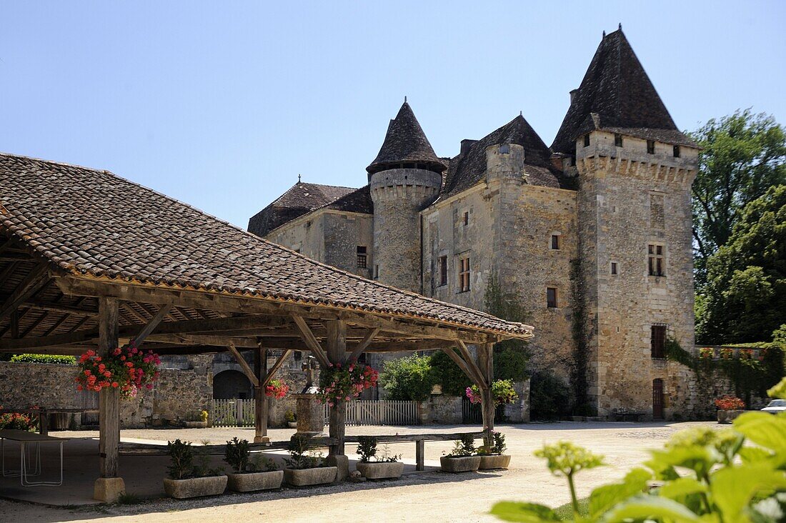 Old market and Le Chateau de la Marthonie, St. Jean de Cole, Dordogne, France, Europe