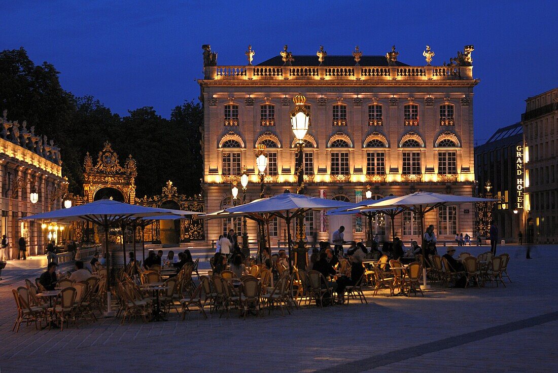 Evening floodlit view of Place Stanislas, UNESCO World Heritage Site, Nancy, Lorraine, France, Europe