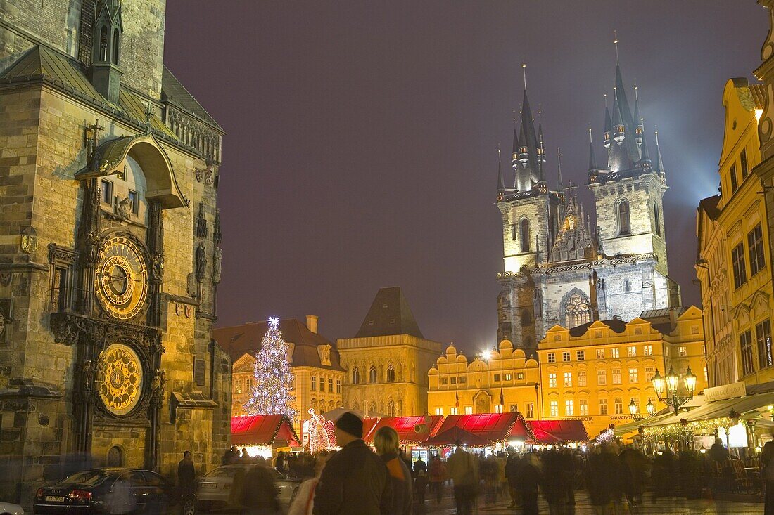 Old Town Hall, Astronomical clock, Tyn Cathedral and Old Town Square at Christmas time, Prague, Czech Republic, Europe
