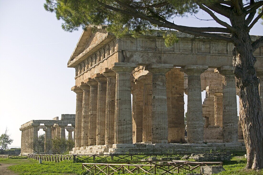 Temple of Poseidon (Neptune),Temple of Hera (Basilica) beyond, Paestum, UNESCO World Heritage Site, Campania, Italy, Europe