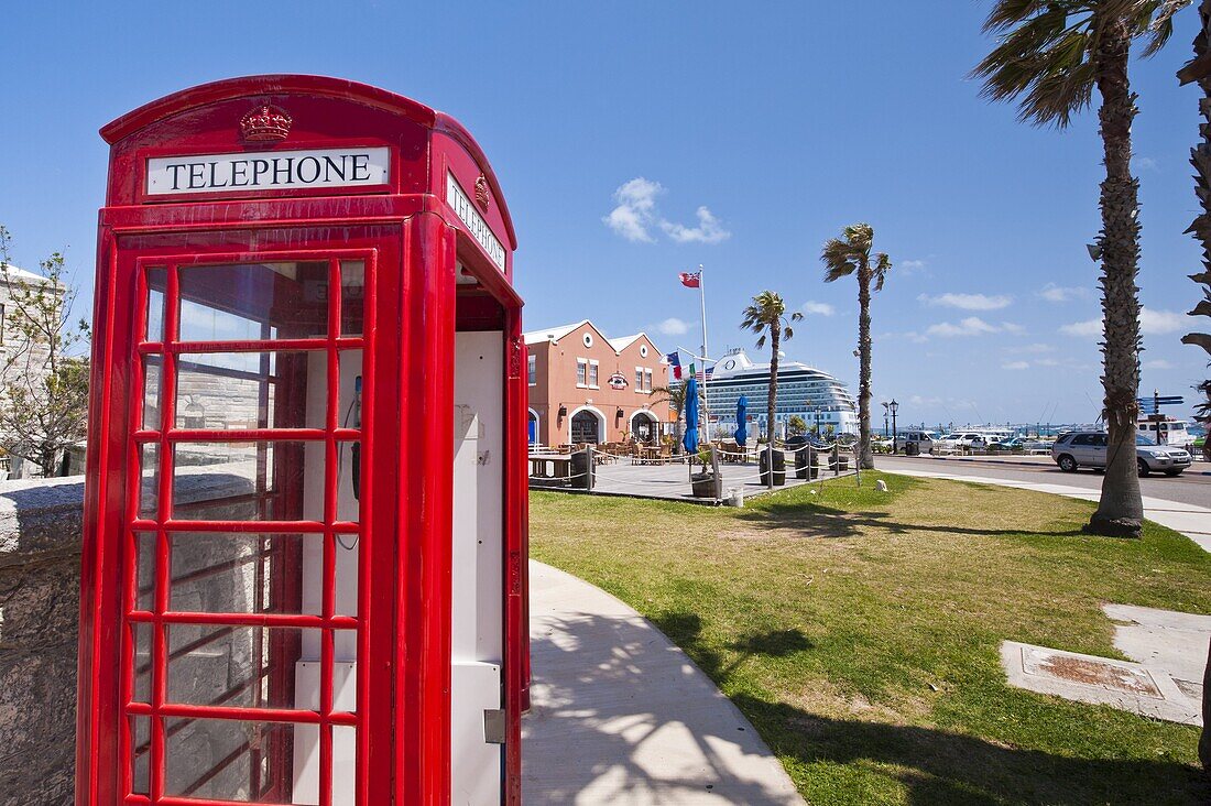 Old British telephone call box at the cruise terminal in the Royal Naval Dockyard, Bermuda, Central America