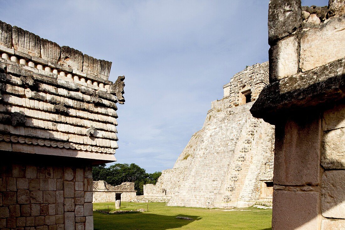 The Nunnery Quadrangle with the Pyramid of the Magician in the background, Uxmal, UNESCO World Heritage Site, Yucatan, Mexico, North America