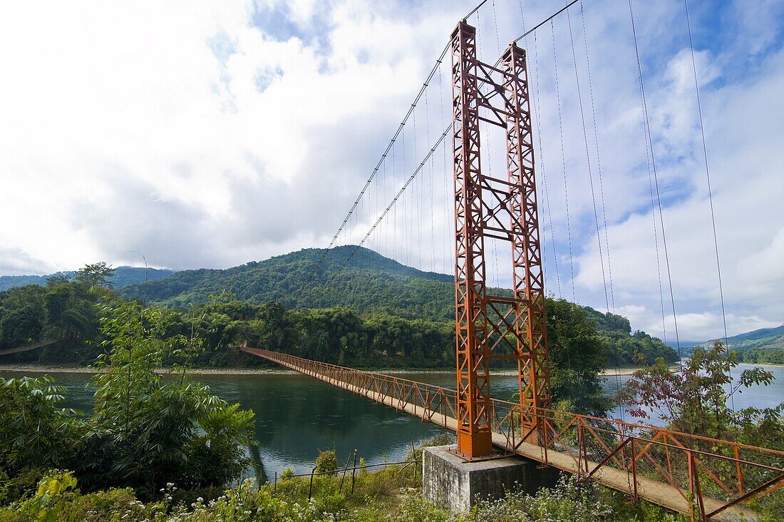Giant hanging bridge spanning across the Siang river, Along, Arunachal Pradesh, Northeast India, India, Asia