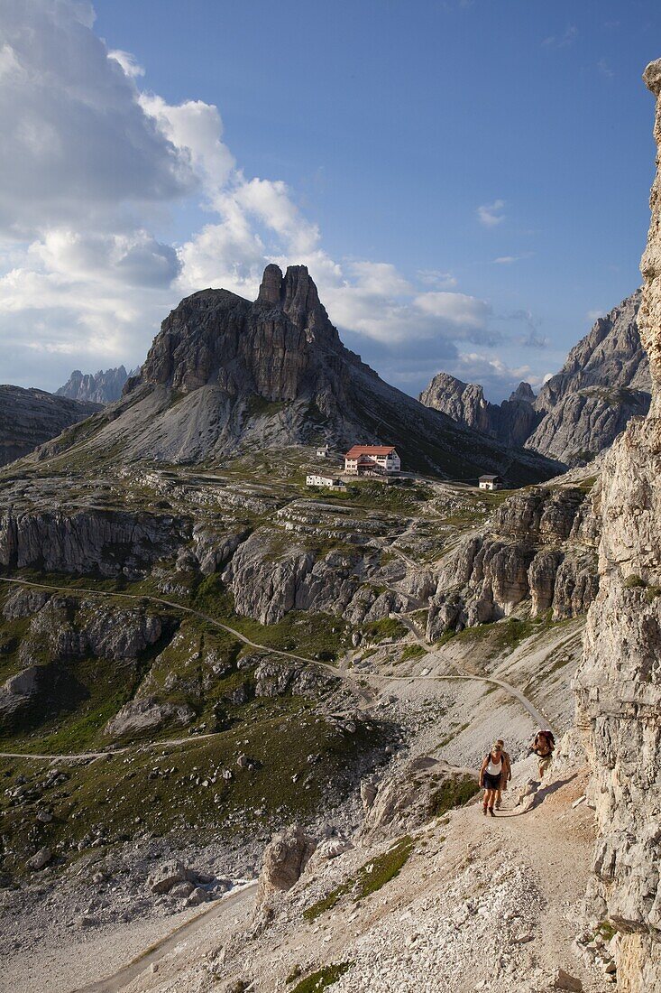 Locatelli refuge on the Tre cime di Lavaredo walk,  Dolomites, eastern Alps, South Tyrol, Bolzano province, Italy, Europe
