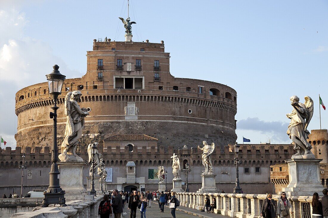 The Papal fortress of Castel Sant'Angelo and the bridge over Tiber River, Rome, Lazio, Italy, Europe