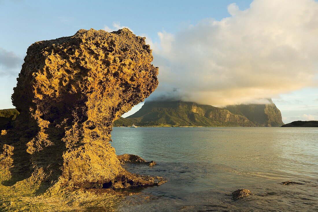 Eroded calcarenite rock (cemented coral sands) with Mount Lidgbird and Mount Gower by the lagoon with the world's most southerly coral reef, on this 10km long volcanic island in the Tasman Sea, Lord Howe Island, UNESCO World Heritage Site, New South Wales