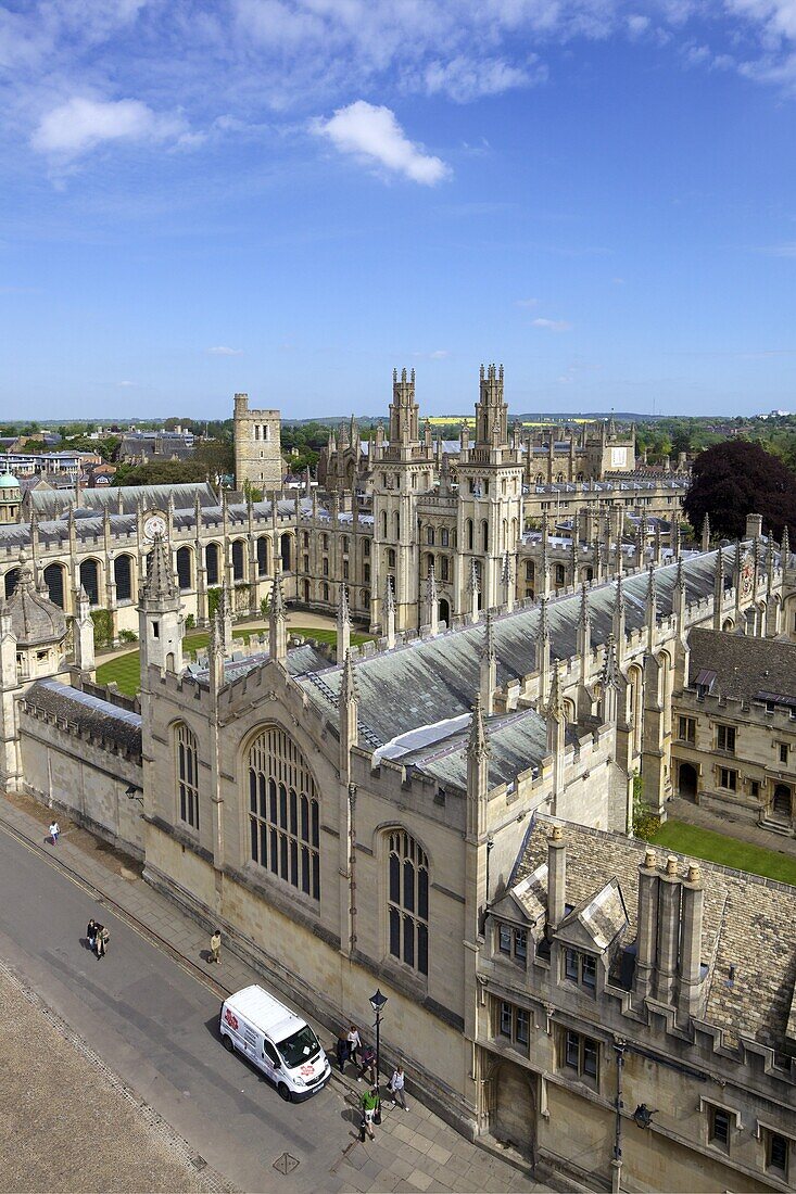 View of All Souls College, from tower of University Church of St. Mary The Virgin, University of Oxford, Oxfordshire,  England, United Kingdom, Europe