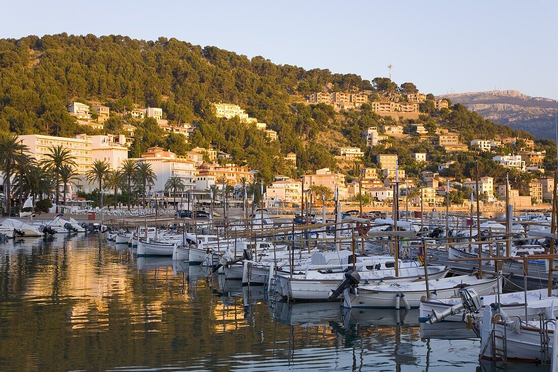 View across the harbour at sunset, Port de Soller, Mallorca, Balearic Islands, Spain, Mediterranean, Europe