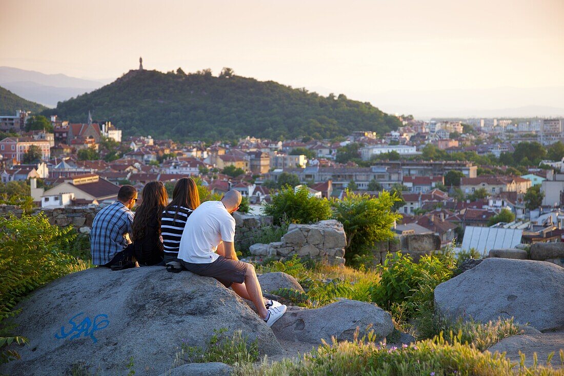 Sightseers viewing the Old Town at sunset from Nebet Tepe, Prayer Hill, the City's highest point, Plovdiv, Bulgaria, Europe