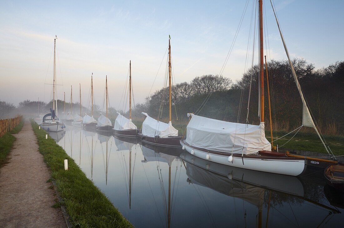 A misty spring morning at Horsey Staithe, Horsey, Norfolk, England, United Kingdom, Europe