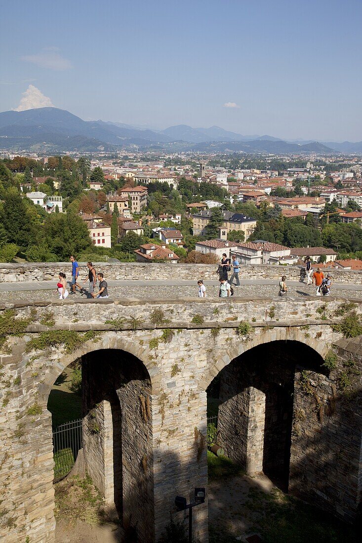 View of Lower Town from Upper Town Wall, Bergamo, Lombardy, Italy, Europe