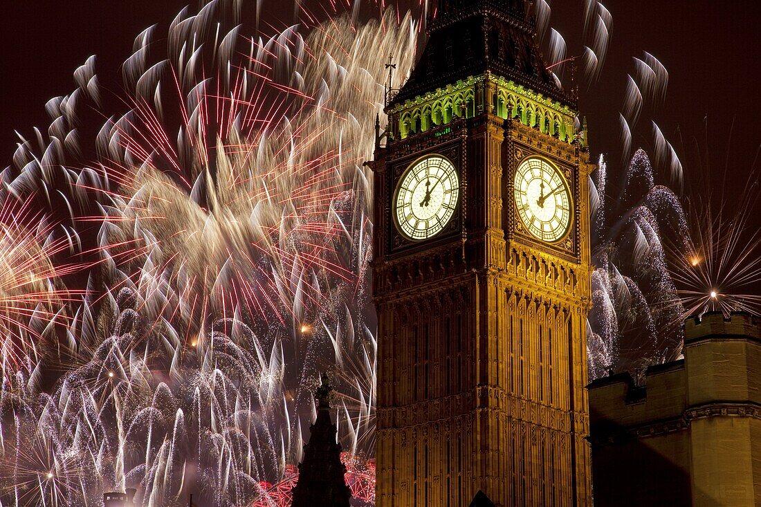 New Year fireworks and Big Ben, Westminster, London, England, United Kingdom, Europe