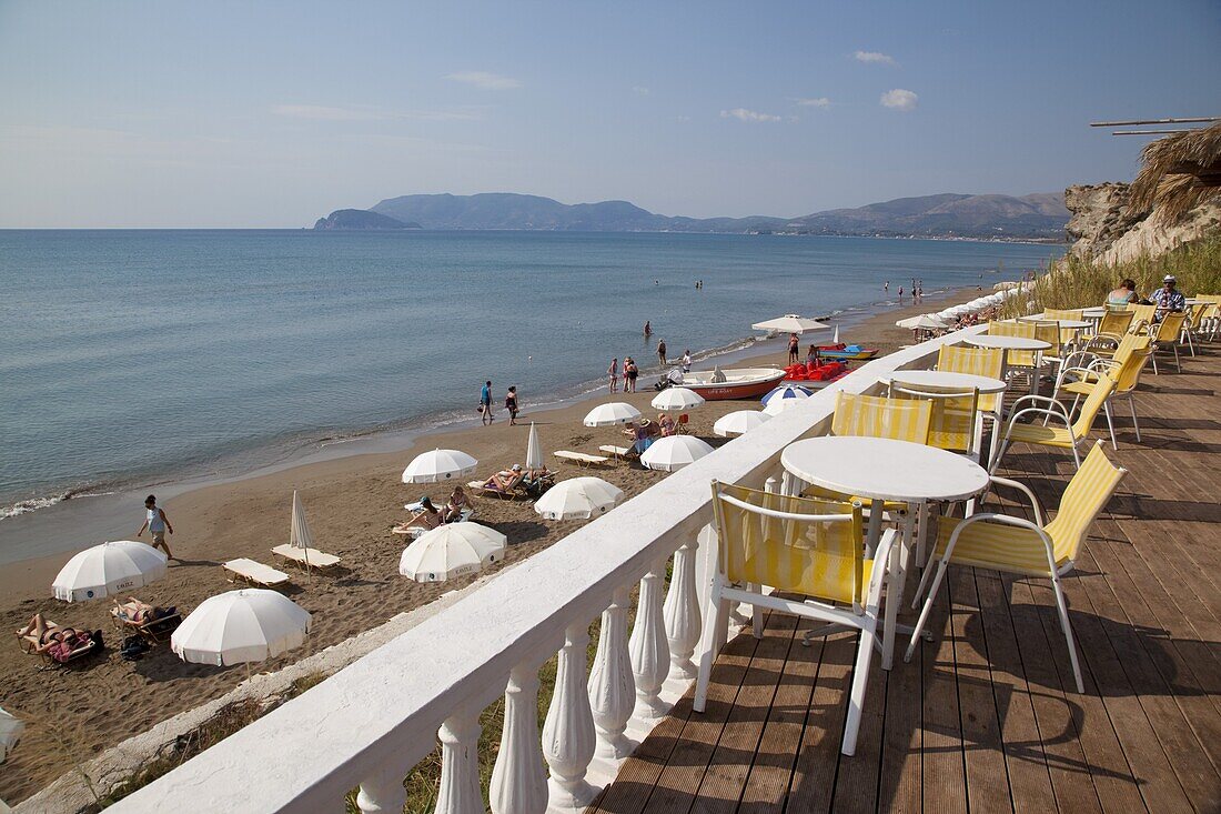 Cafe overlooking beach, Kalamaki, Zakynthos, Ionian Islands, Greek Islands, Greece, Europe