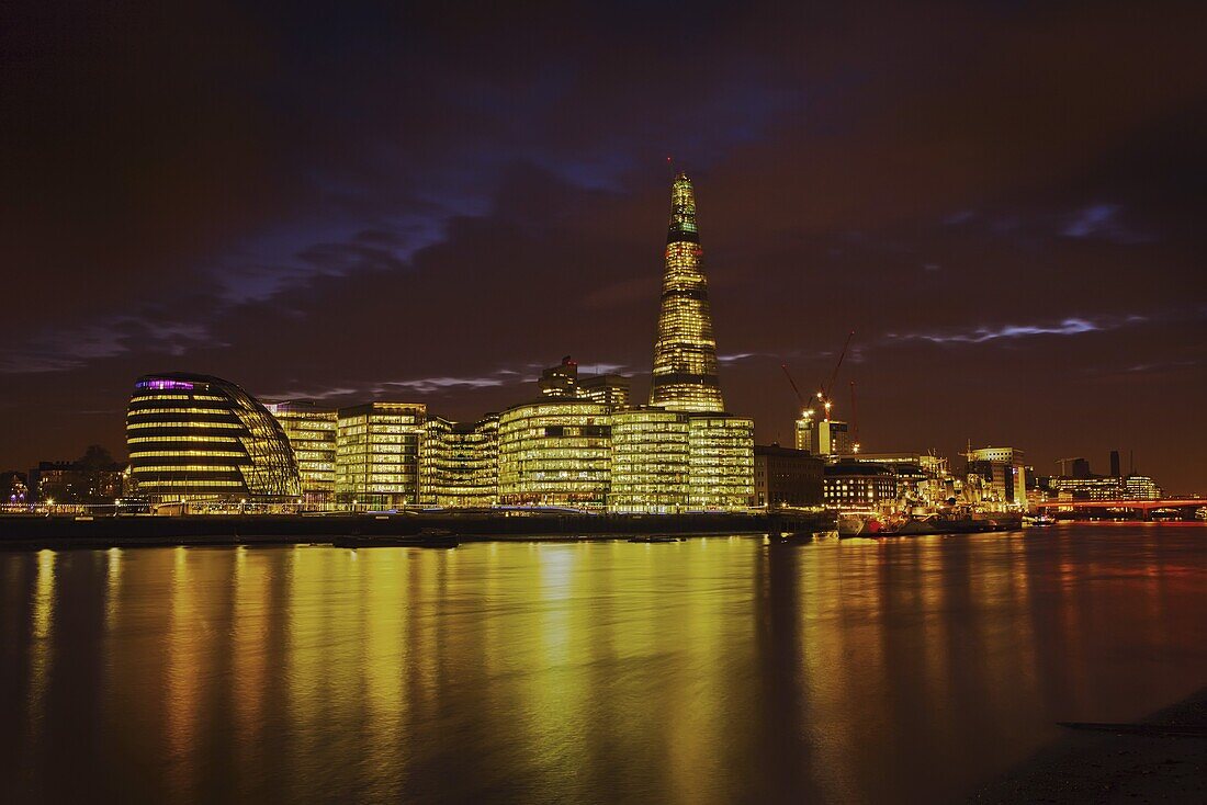 The Shard, City Hall, More London Place, Southwark Crown court and HMS Belfast at night, London, England, United Kingdom, Europe