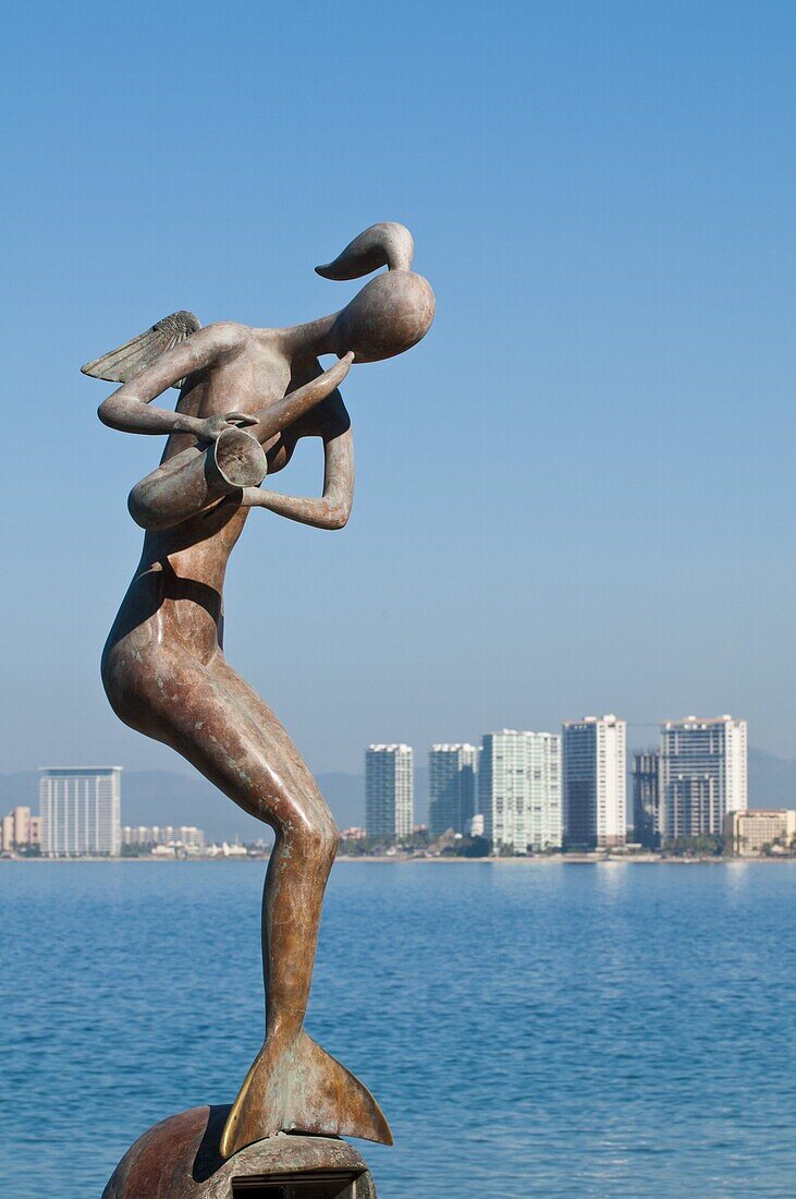 Mermaid Angel Playing Saxophone sculpture on the Malecon, Puerto Vallarta, Jalisco, Mexico, North America