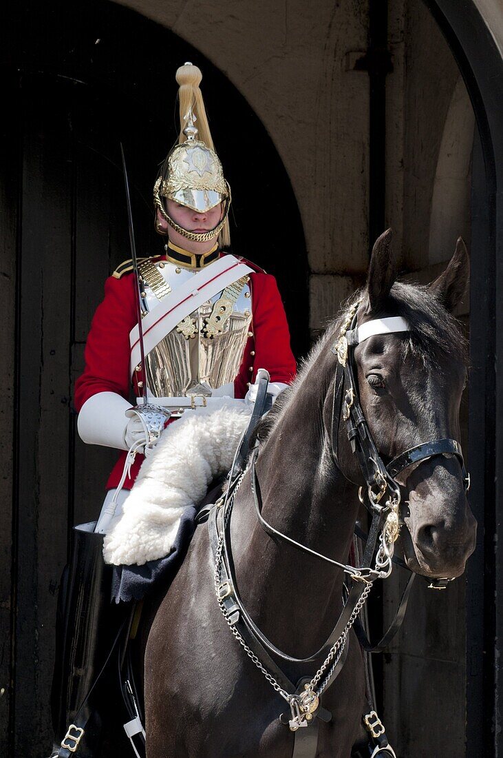 Life Guard one of the Household Cavalry Regiments on sentry duty, London, England, United Kingdom, Europe