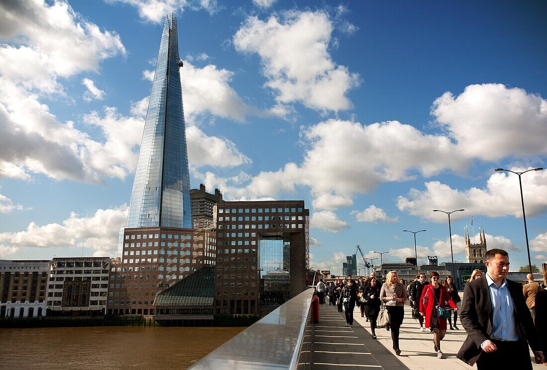 View of London Bridge showing the Shard in background, London, England, United Kingdom, Europe