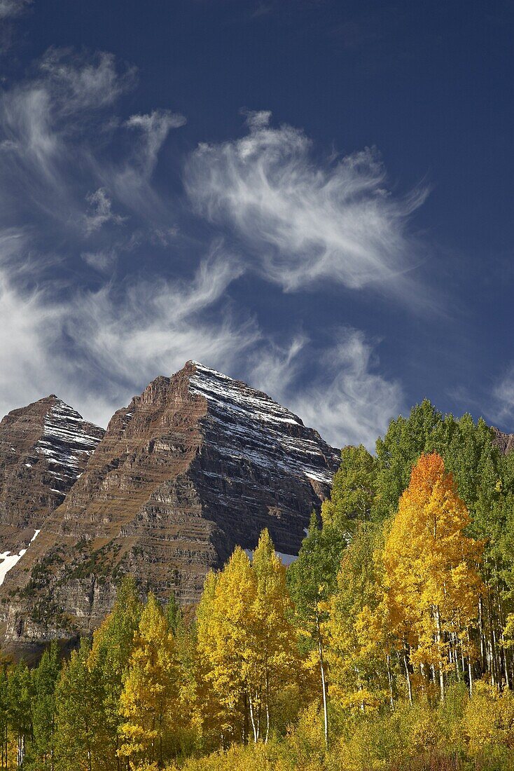 Maroon Bells with fall color, White River National Forest, Colorado, United States of America, North America