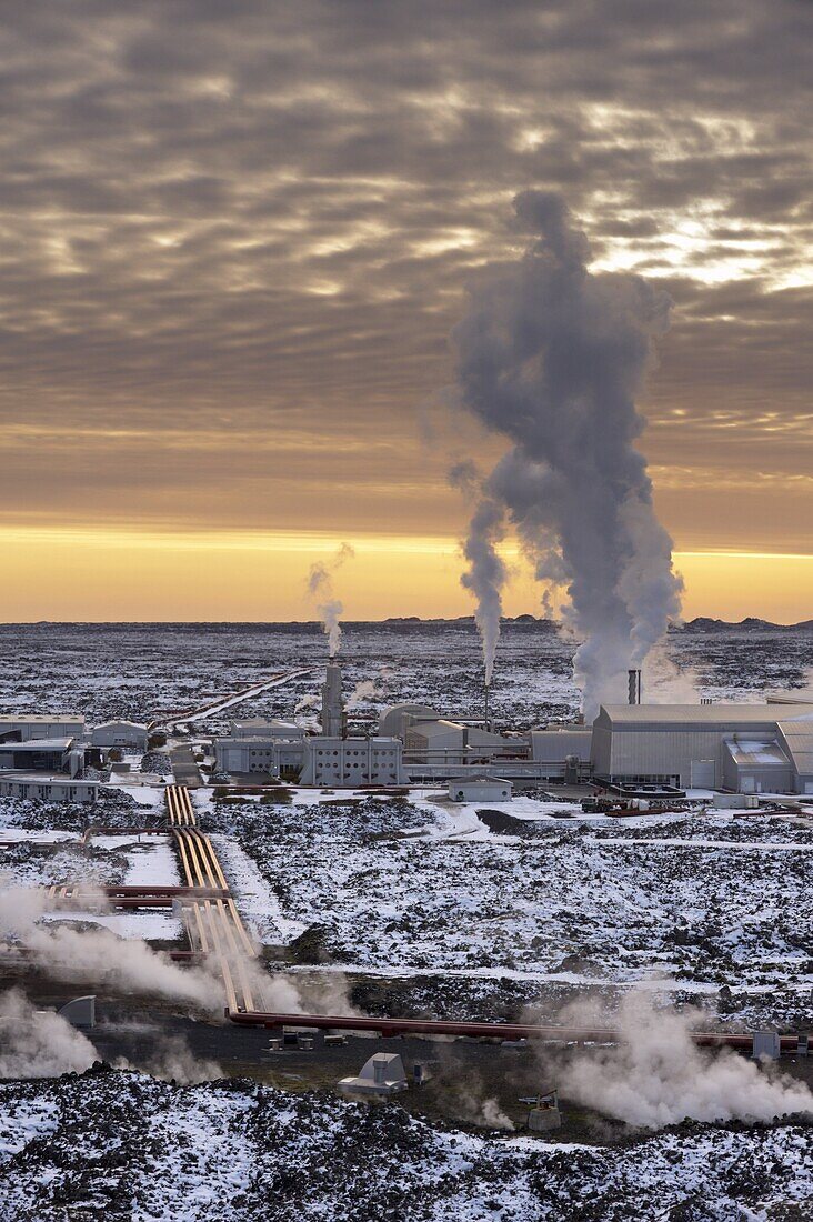 Svartsengi (Blue Lagoon) Geothermal Power Station at sunset, Grindavik, Reykjanes Peninsula, Iceland, Polar Regions