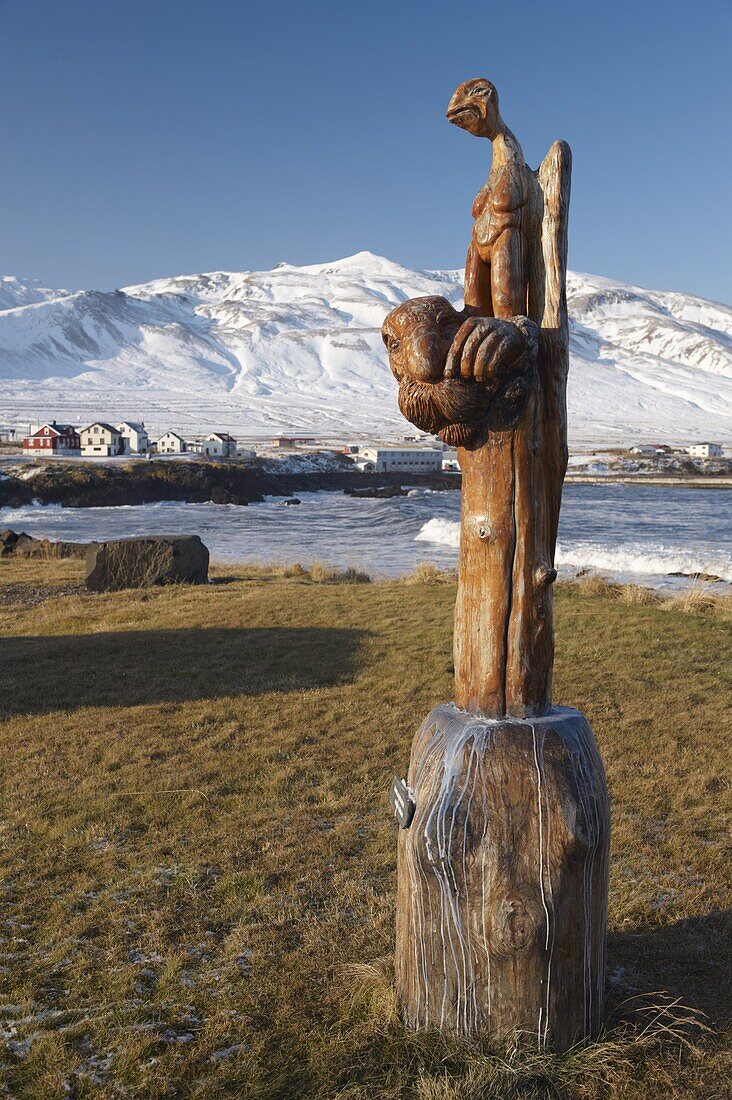 Wooden sculpture (trolls) at Bakkagerdi, Borgarfjordur Eystri, East Fjords area, Iceland, Polar Regions