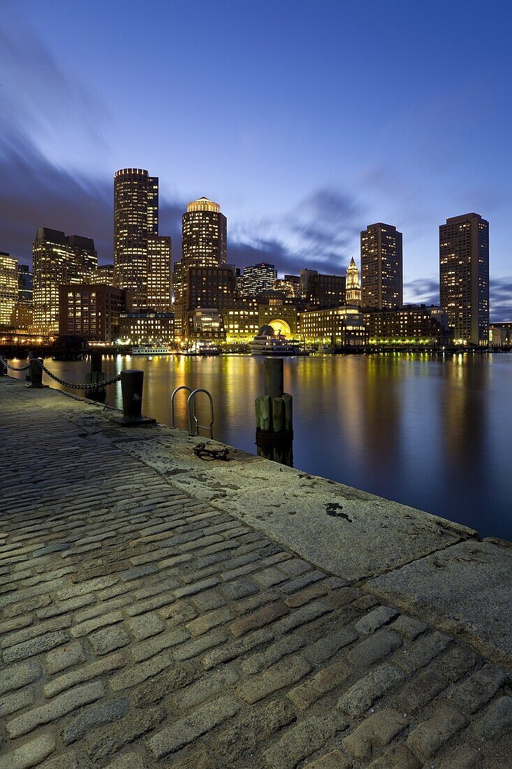 Skyline and inner harbour including Rowes Wharf at dawn, Boston, Massachusetts, New England, United States of America, North America