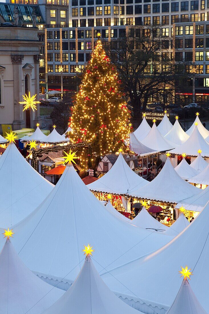 Traditional Christmas Market at Gendarmenmarkt, illuminated at dusk, Berlin, Germany, Europe
