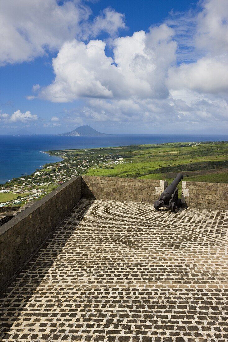 Elevated view of  Brimstone Hill Fortress, looking towards St. Eustatius Island, Brimstone Hill Fortress National Park, UNESCO World Heritage Site, St. Kitts, Leeward Islands, West Indies, Caribbean, Central America