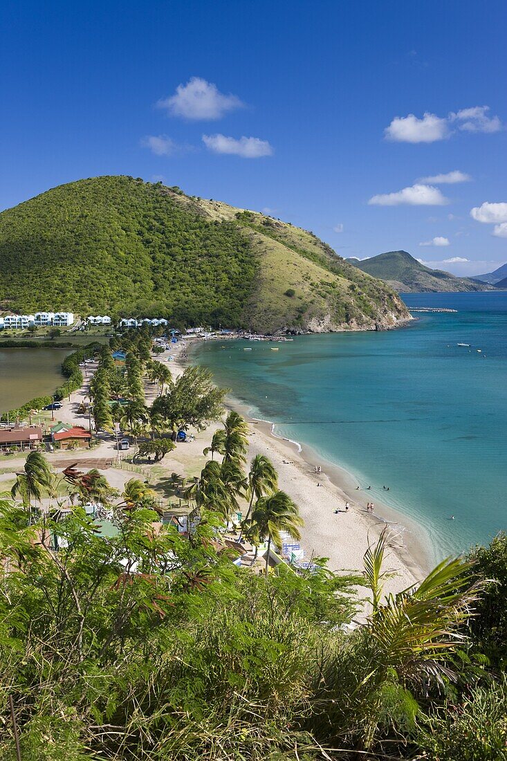 Elevated view over Frigate Bay Beach on the calm Caribbean-side of the isthmus, Frigate Bay, southeast of Basseterre, St. Kitts, Leeward Islands, West Indies, Caribbean, Central America