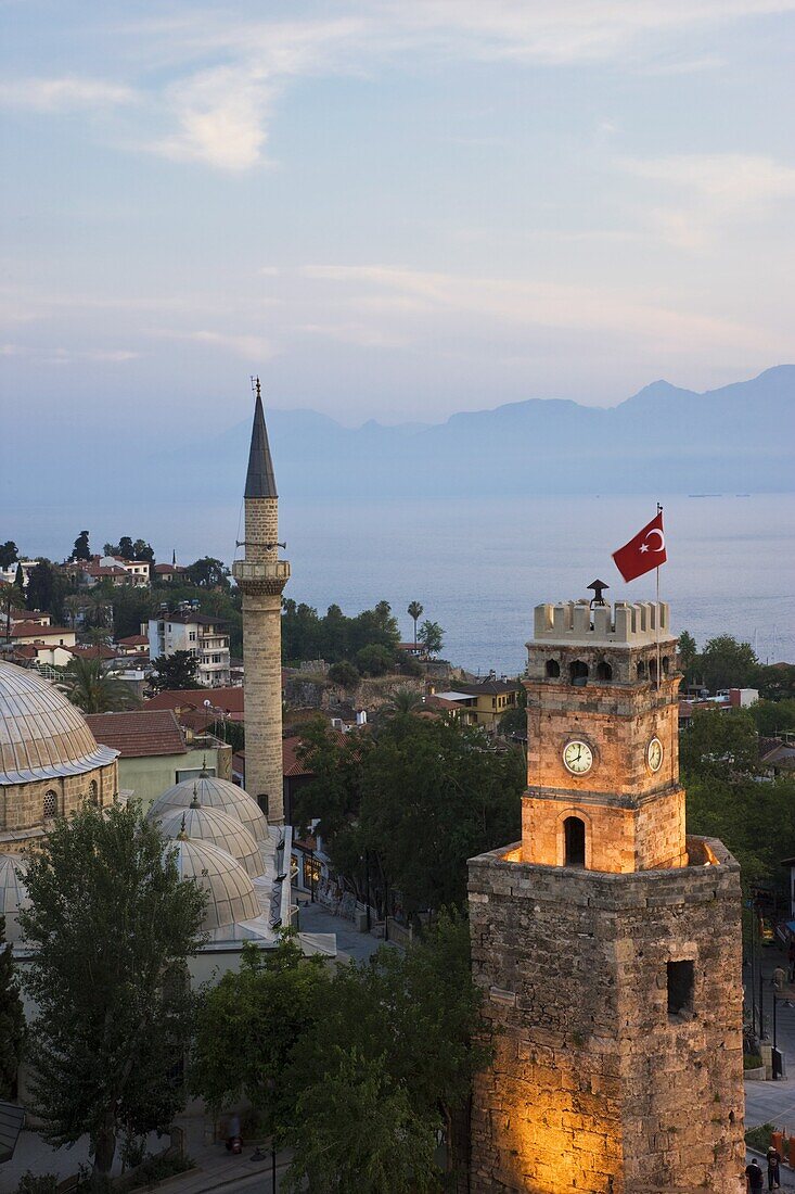 Clocktower (Saat Kulesi) and Tekeli Memet Pasa Mosque in the historic district of Kaleici, Antalya, Anatolia, Turkey, Asia Minor, Eurasia