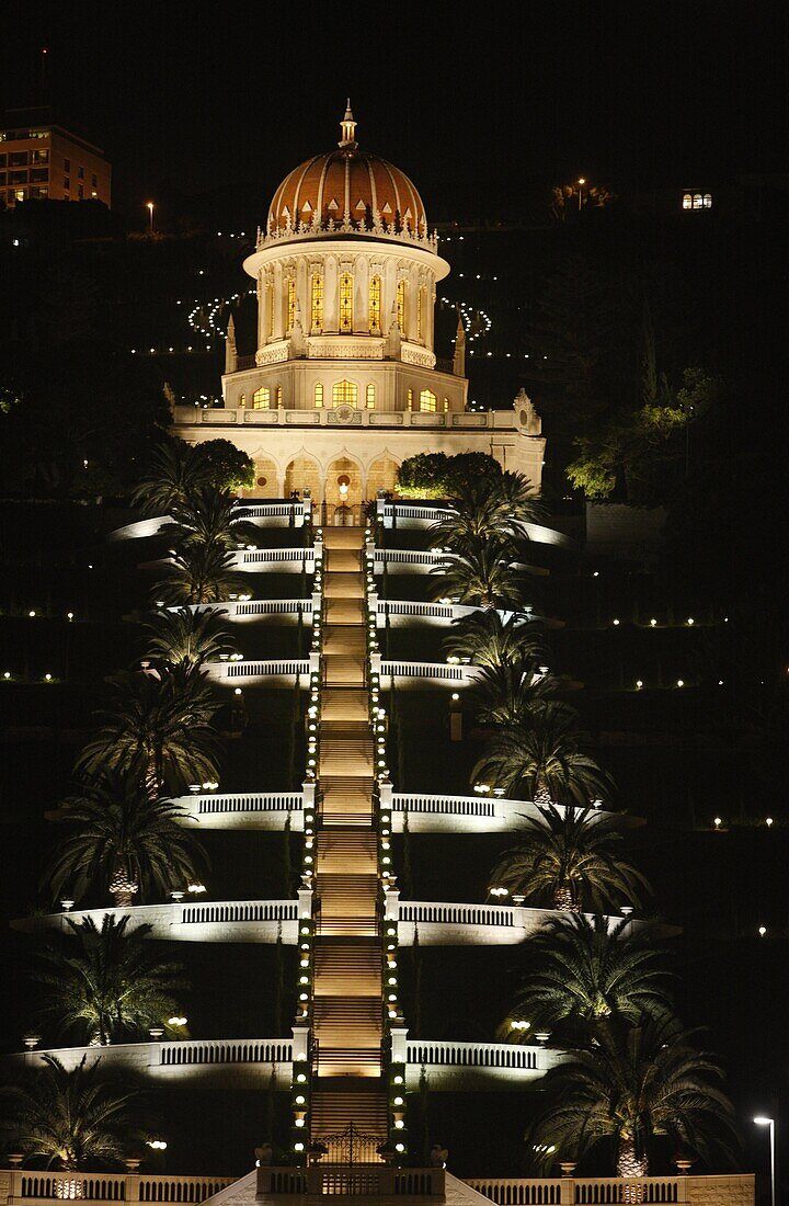 Haifa Baha'i temple at night, Haifa, Israel, Middle East