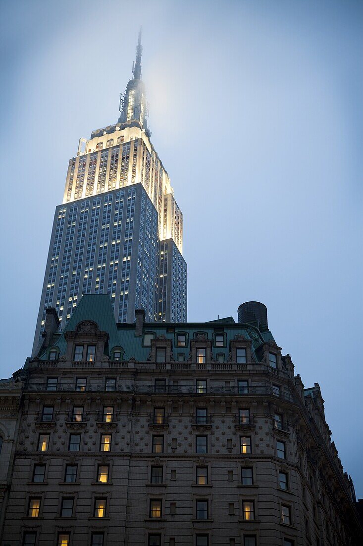 Empire State Building on a rainy evening, Manhattan, New York City, New York, United States of America, North America