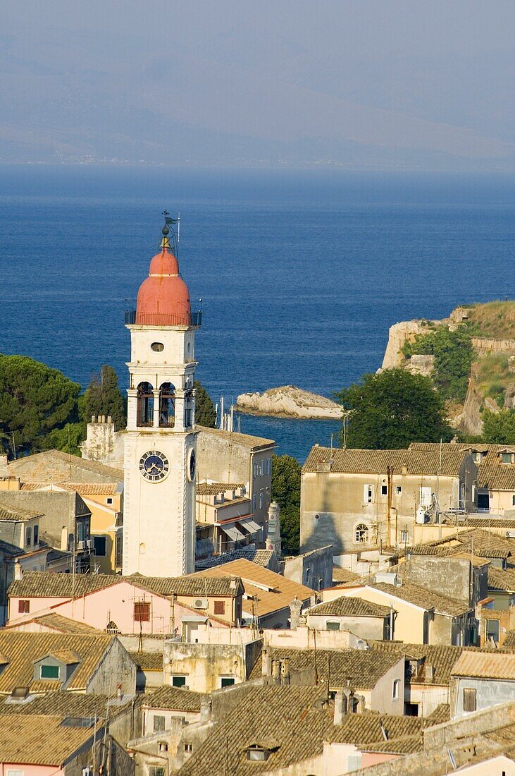 An aerial view of Corfu Old Town and St. Spyridonas belltower from the New Fort, Corfu, Ionian Islands, Greek Islands, Greece, Europe
